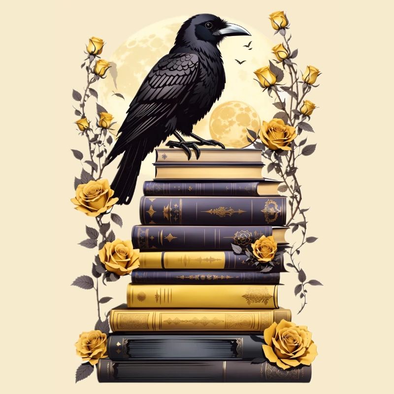 Bücherstapel mit Rabe