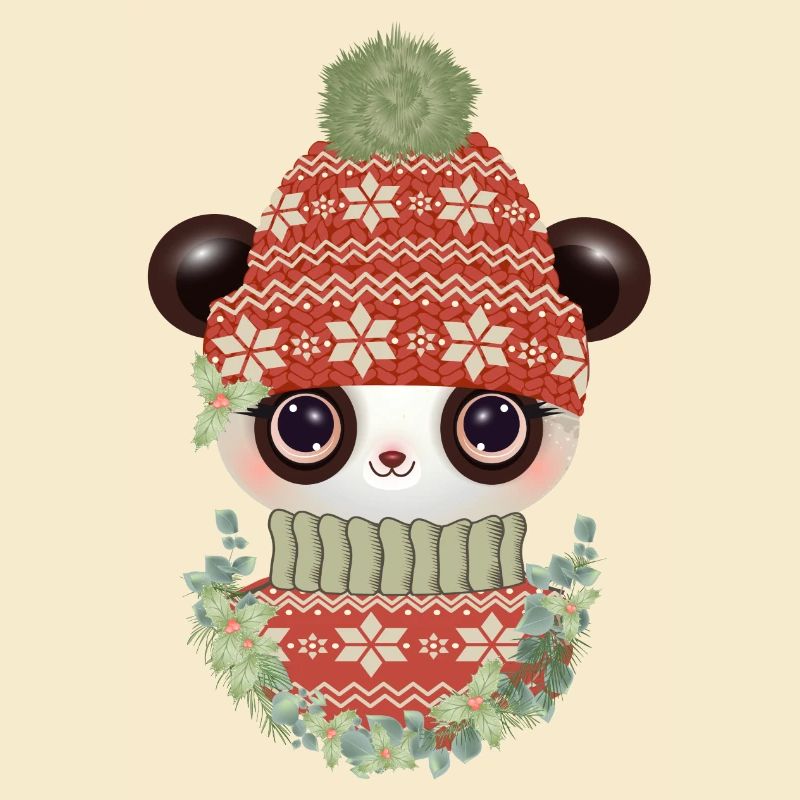 niedlicher Panda mit Pullover,Bommelmütze & Kranz