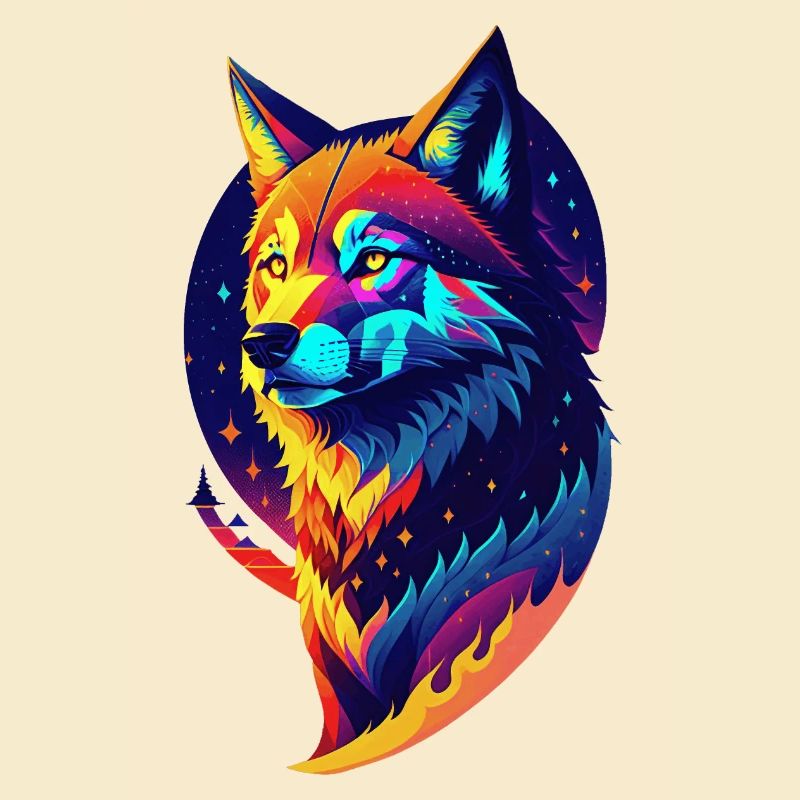 Loup dans la nuit - Décor Multicolore