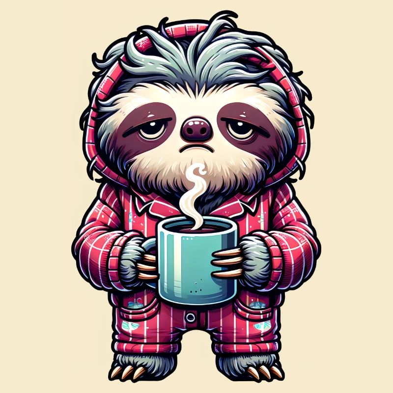 Faultier im Pyjama mit einer Tasse Kaffee
