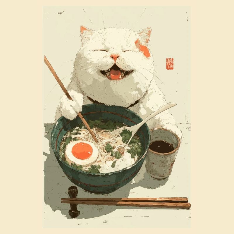 Chat blanc heureux mangeant des ramen