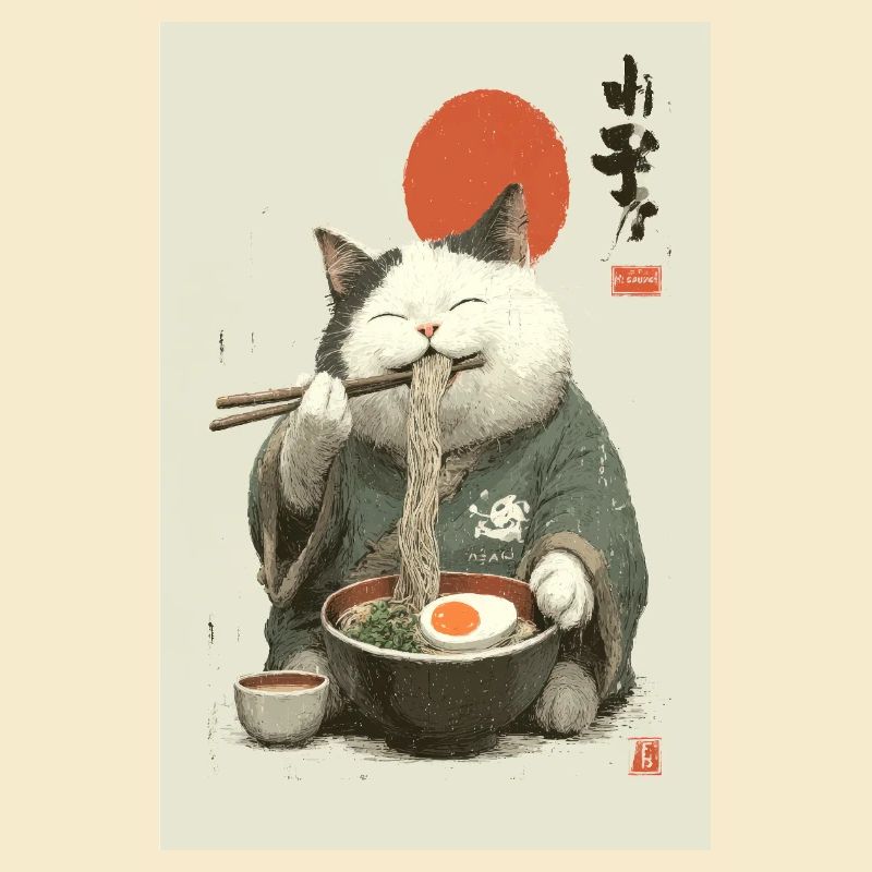 Samurai-Katze schlürft Ramen