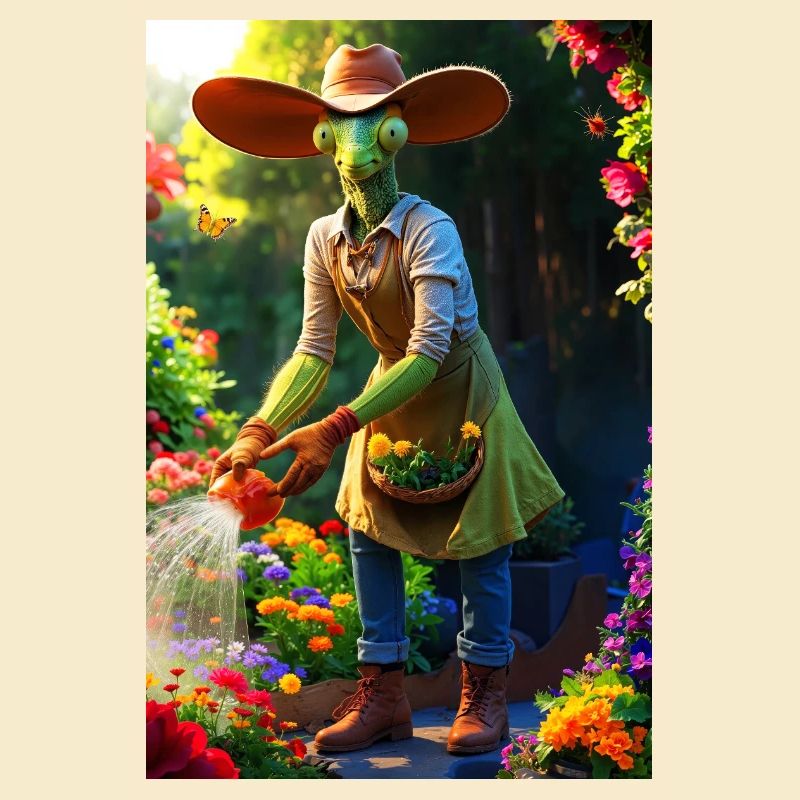 Humanoide Gartenmantis mit Scheunenhut