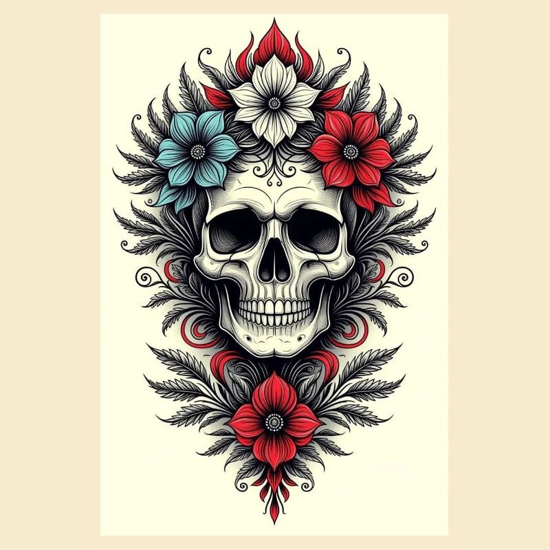 Blumen-Skull Tattoo Stil