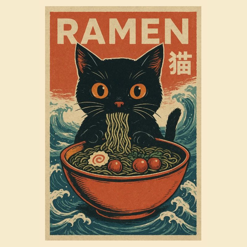 Ramen Cat Retro Poster