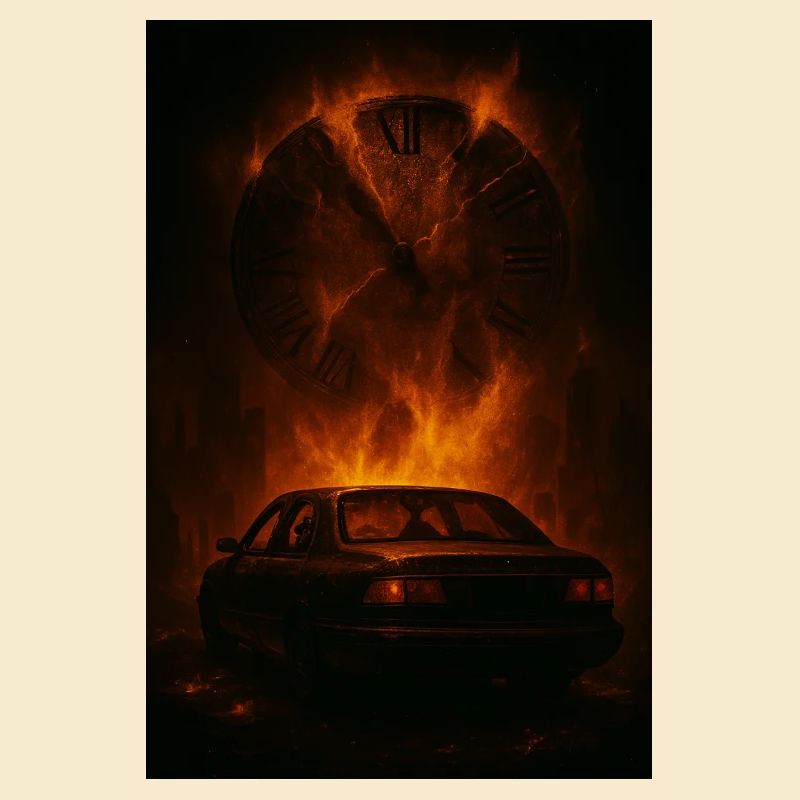 Zerfetzte Zeit: Auto im Feuer