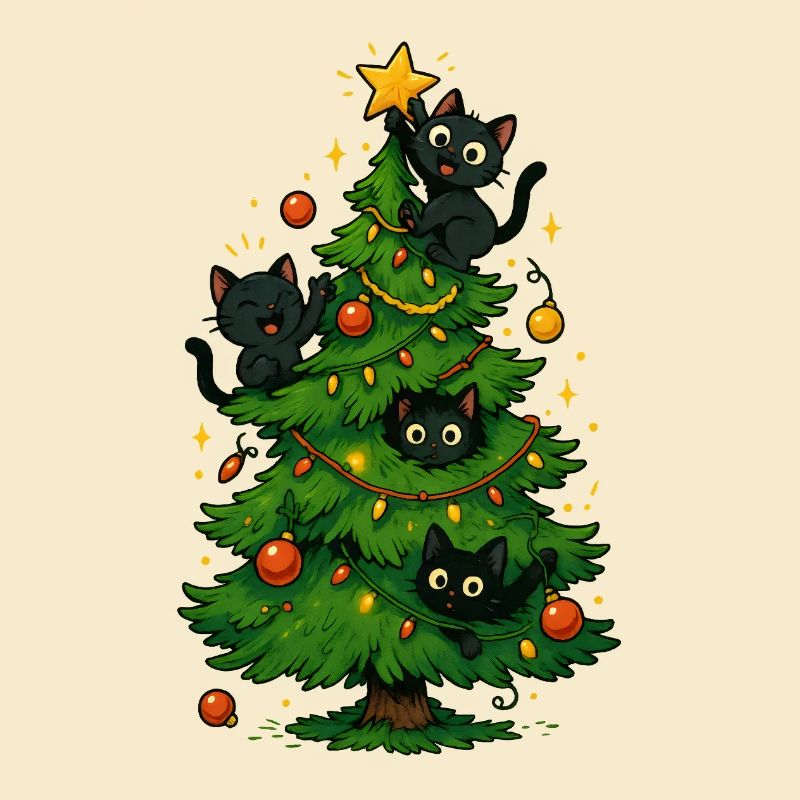 Schwarze Katzen am Weihnachtsbaum