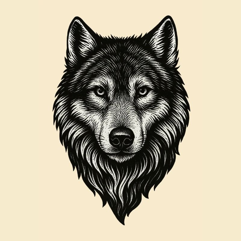 W Wolf Head Line Art Black & White