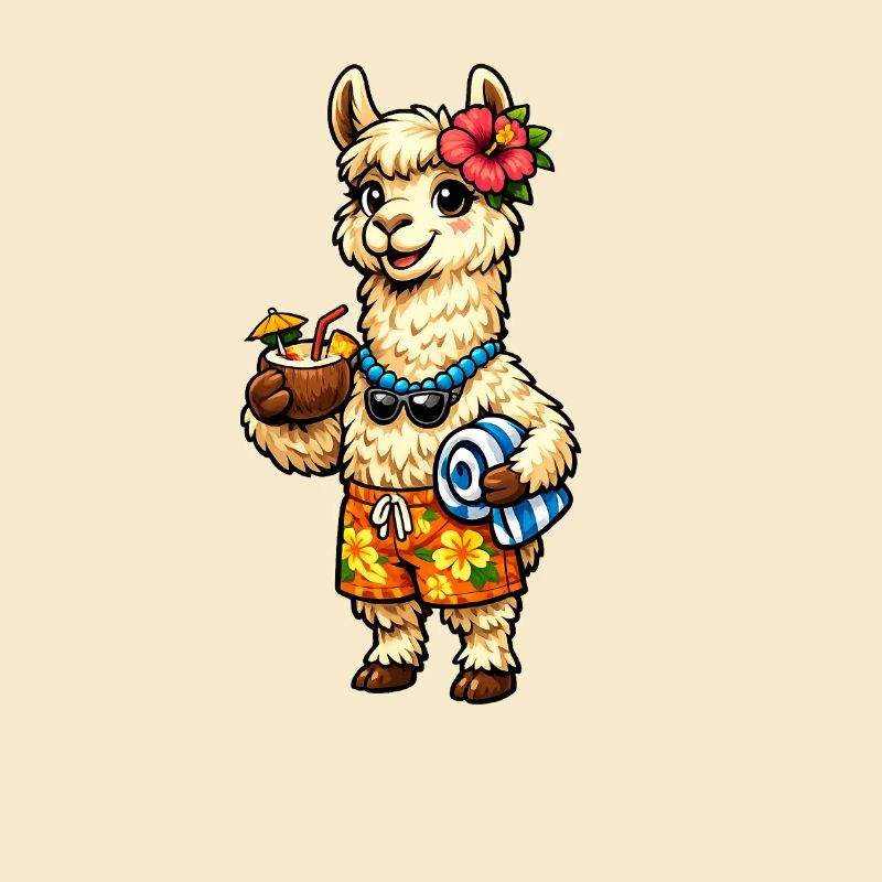 Lama am Strand mit Blumenschmuck