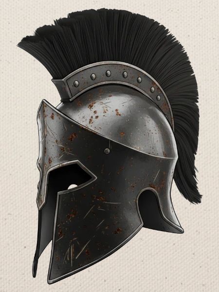 Rostiger Kriegerhelm mit schwarzer Feder