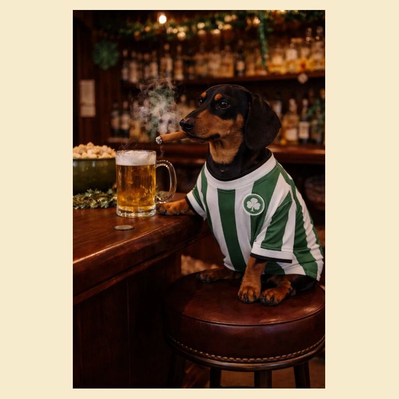 Teckel en maillot de pub avec trèfle