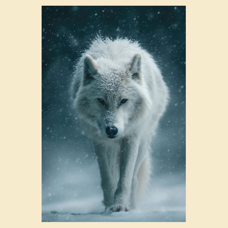 Arktischer Wolf im Schneefall