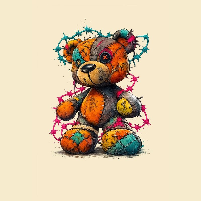 Patchwork teddy bear with neon threads