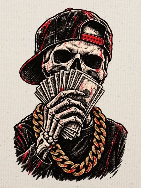 Schädel-Hustler mit roter Kappe