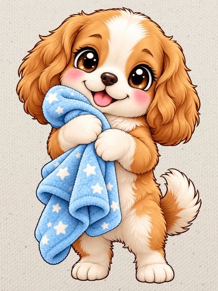 Kawaii-Hund mit seiner Decke
