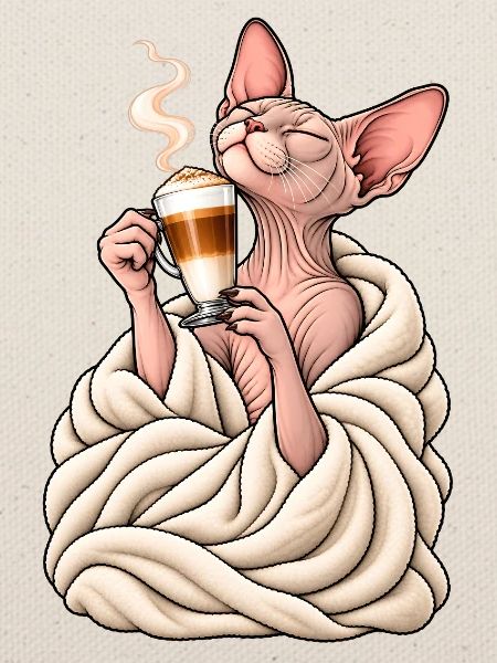 Sphinx Katze mit Latte Macchiato – Katzenkaffee