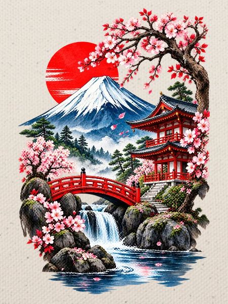Fuji-Landschaft und Kirschbäume