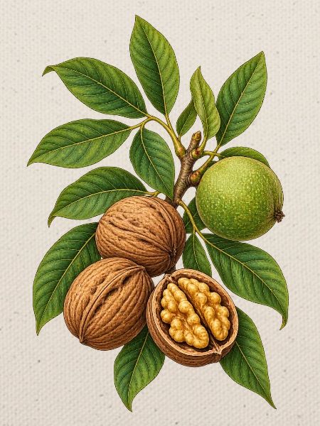 Walnüsse mit Blättern Botanische Illustration