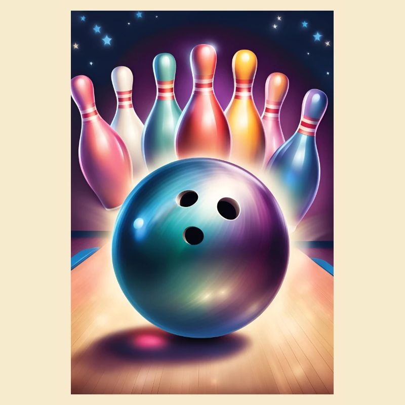 Boule de bowling et jolies quilles colorées