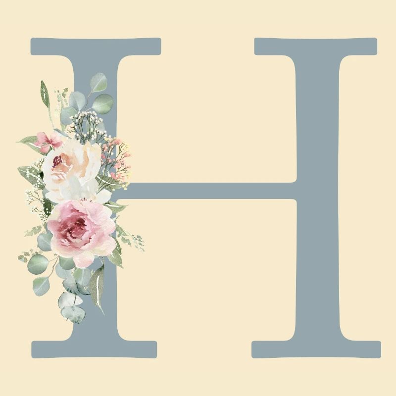 H| Monogramm | Eukalyptus-Pastell-Blumen-Blau