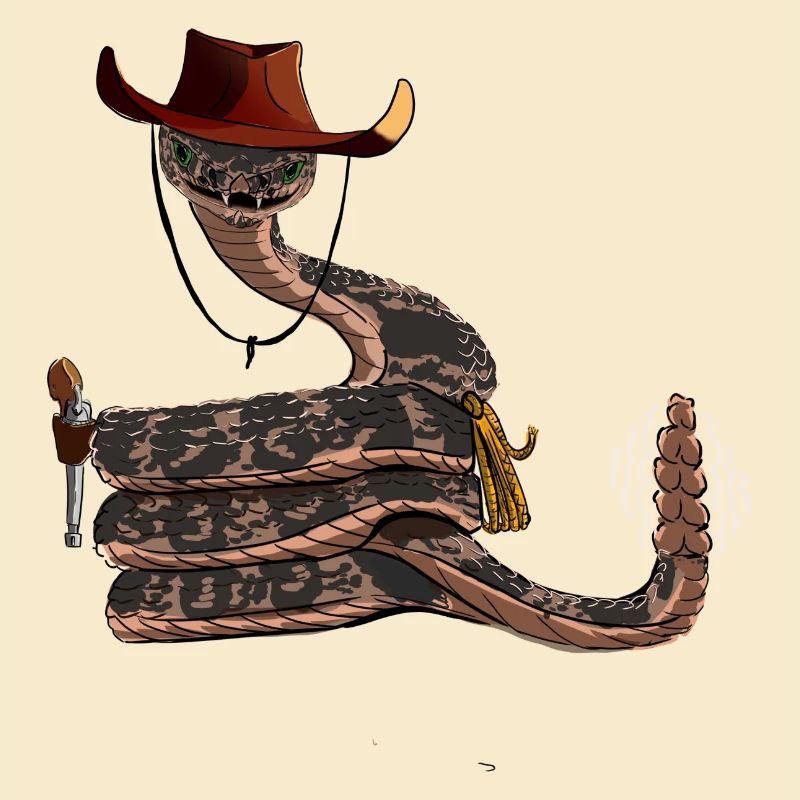Schlange mit Cowboyhut, im Comicstil