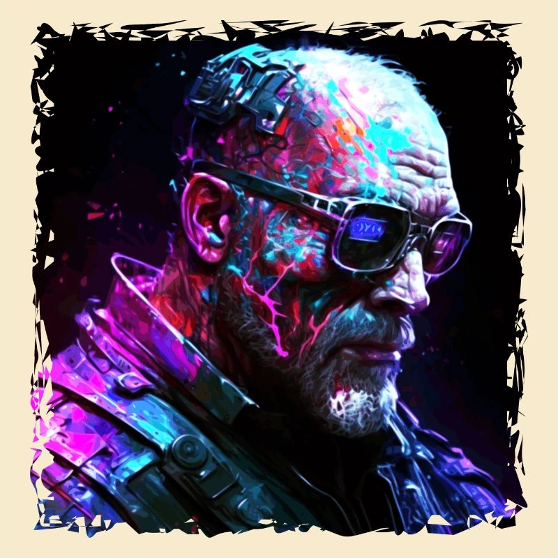 Old high-tech cyborg or android in neon light