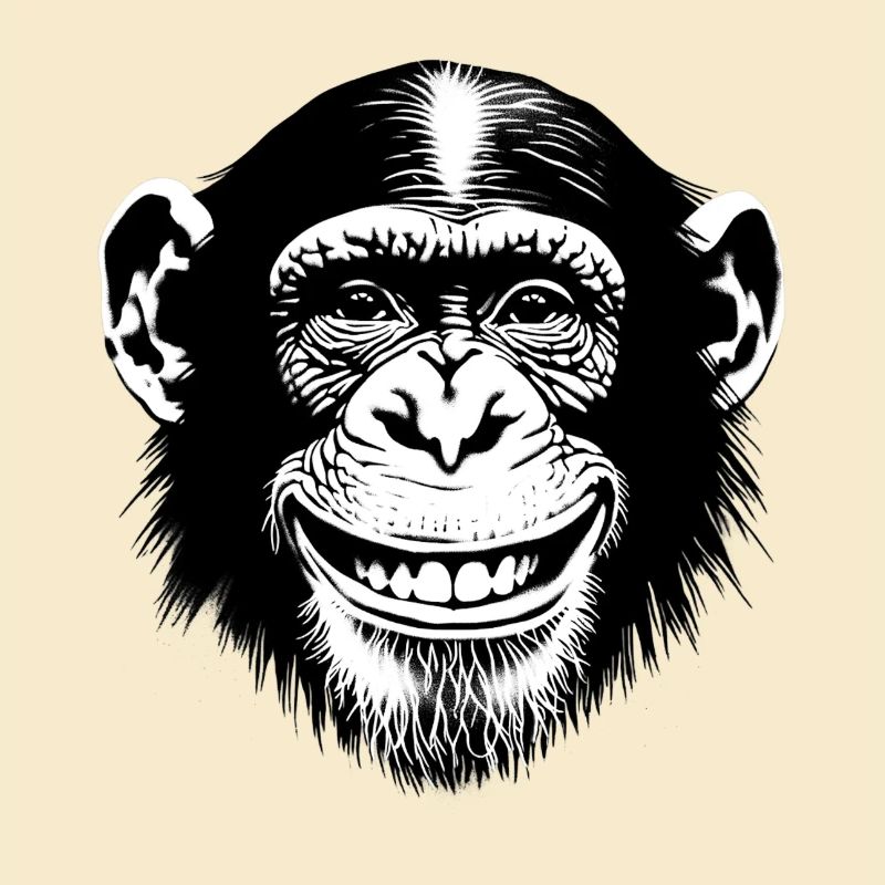 Lachender Affe Schimpse freut sich