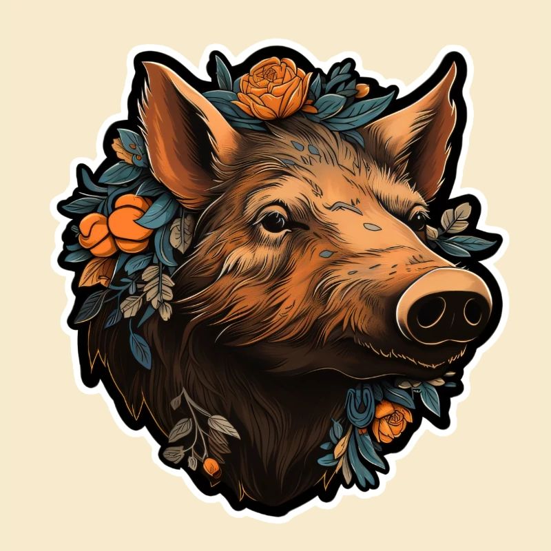 Wild boar's head with flowers