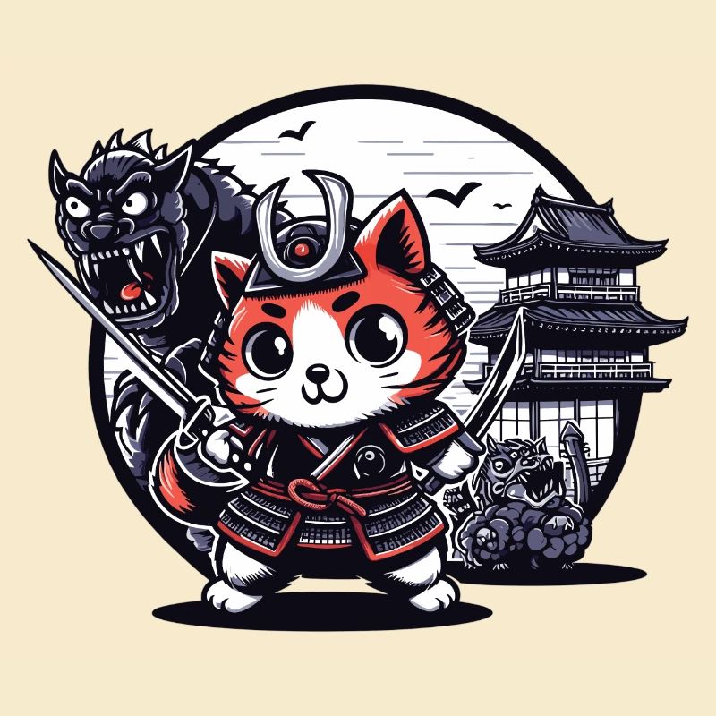Samurai-Ninja-Katze hinter Monster und Dojo