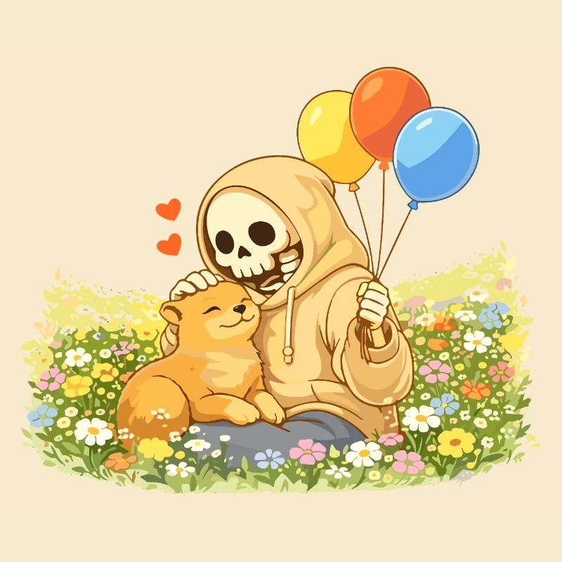 Cozy skeleton with cat on flower meadow