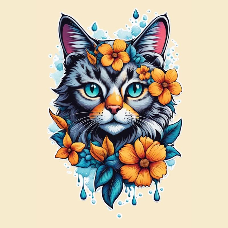 chat et fleur aquarelle