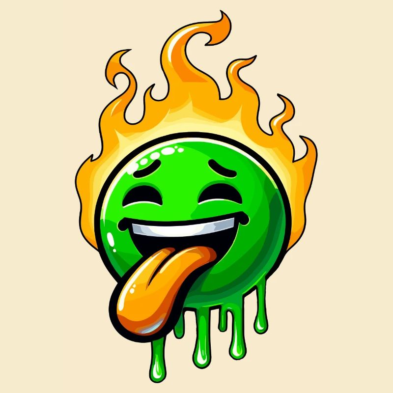 Drôle de smiley vert avec du feu