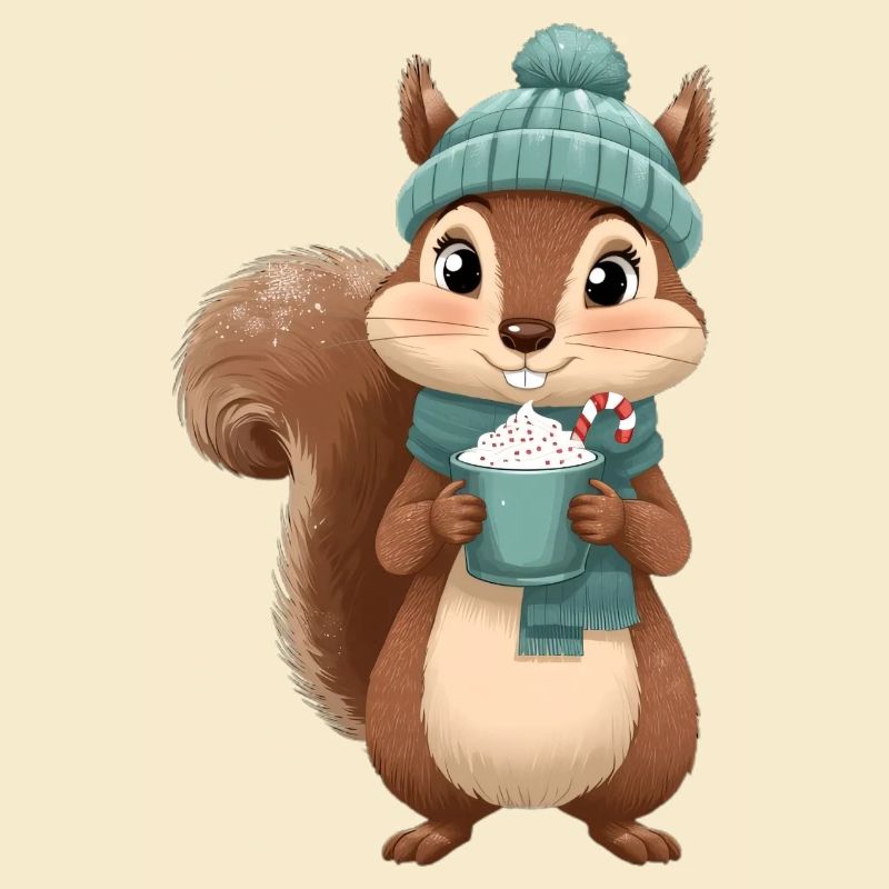 Winterliches Eichhörnchen mit Heißgetränk