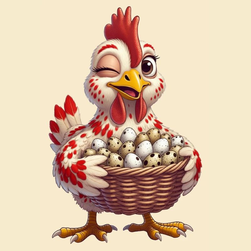 Huhn mit einem Korb voller Eier