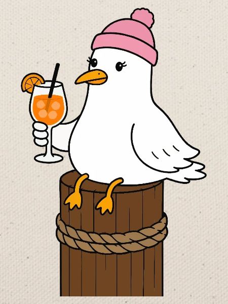 Möwe mit Mütze und Cocktail