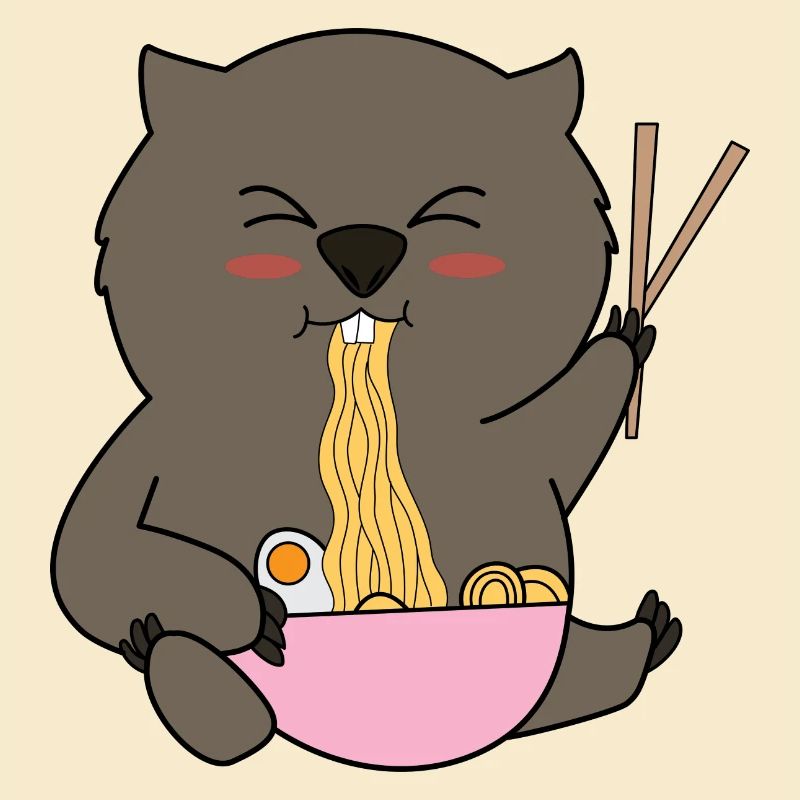 Netter Nagetier-Wombat isst Ramen-Nudeln