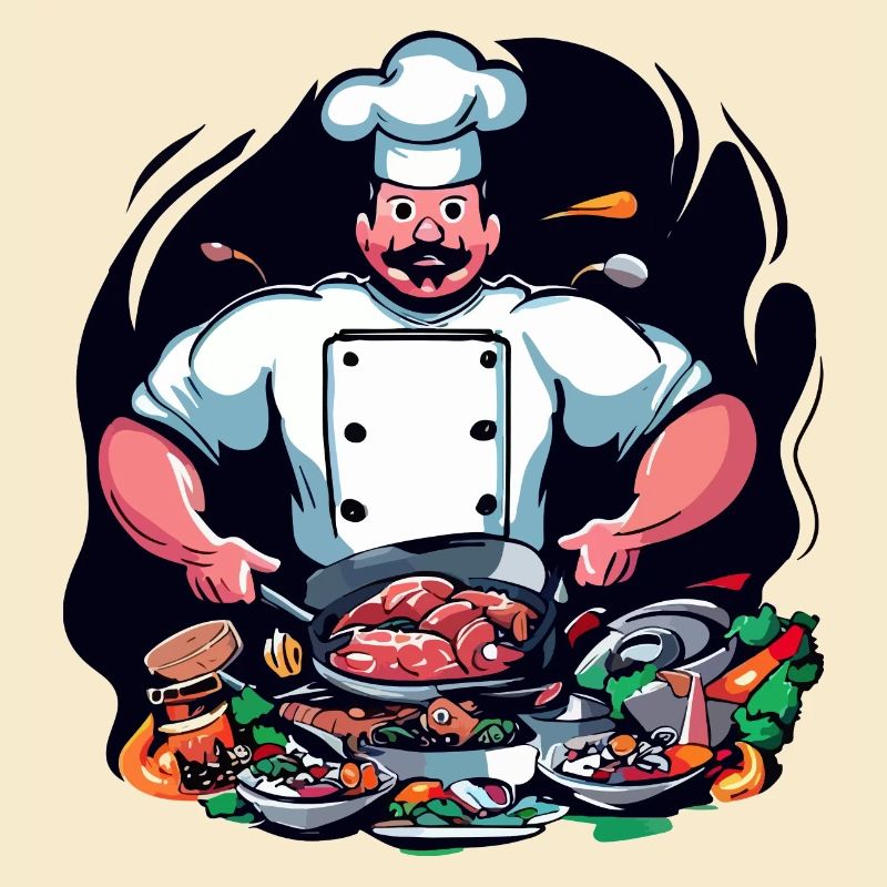 COOL TSHIRT. A CHEF PREPARING A BIG MEAL