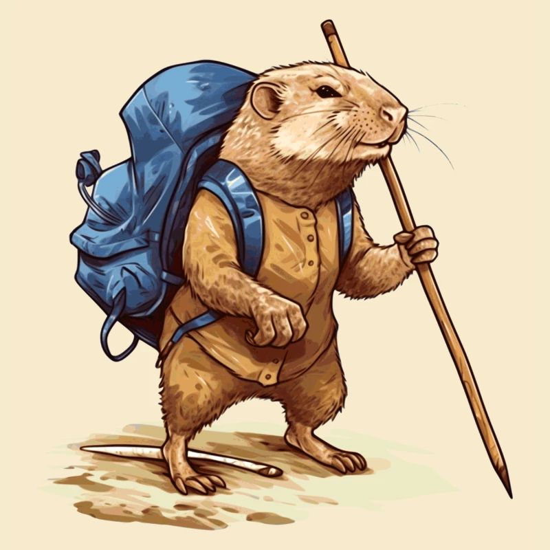 Mole rat with backpack and walking stick