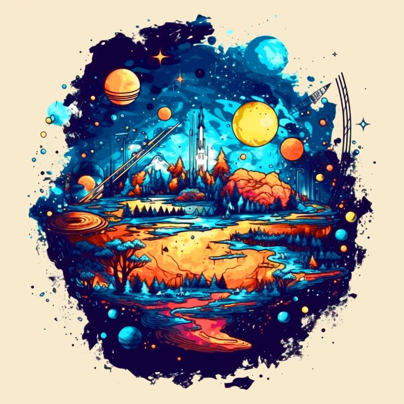 The view into an alien solar system with planets