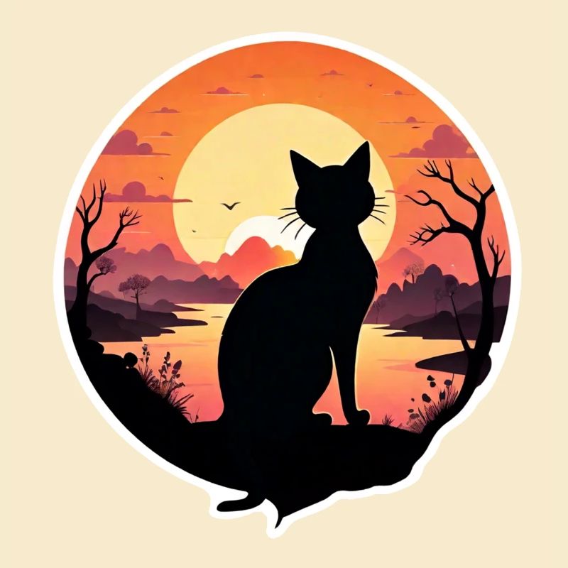chat paysage et coucher de soleil