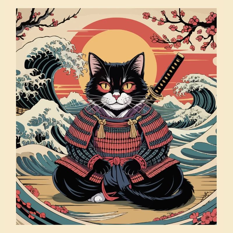 Chat samouraï avec coucher de soleil et vagues – Jap