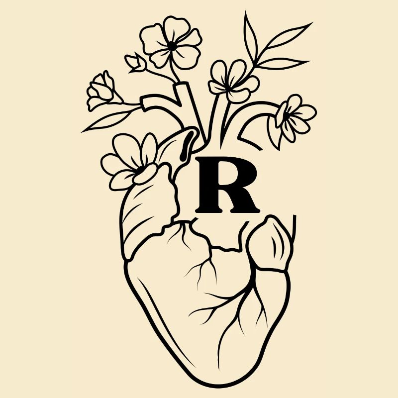 Buchstabe r Herz schwarze florale Anatomie