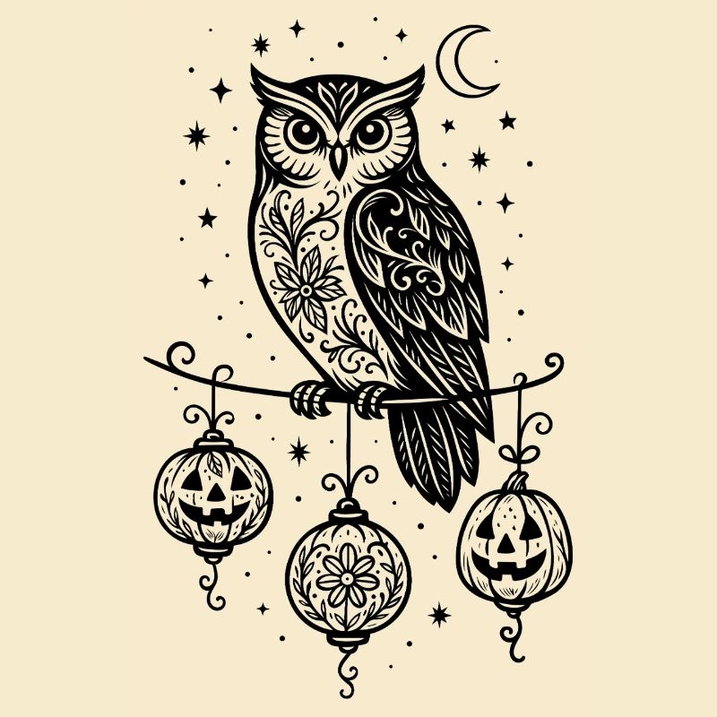 Halloween Eule mit Kürbis Laternen & Sternen