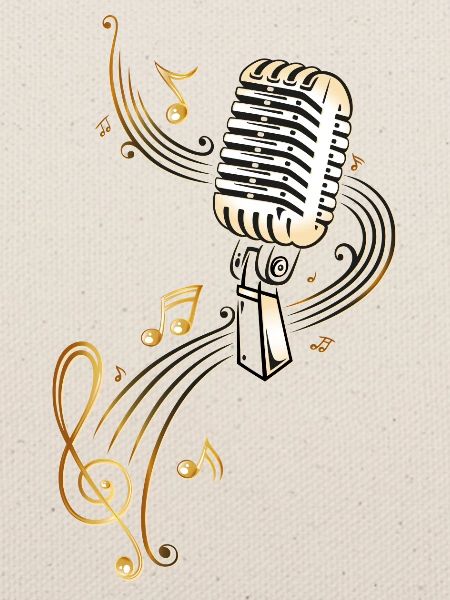 Retro Mikrofon mit Musiknoten. Microphon. Gold.
