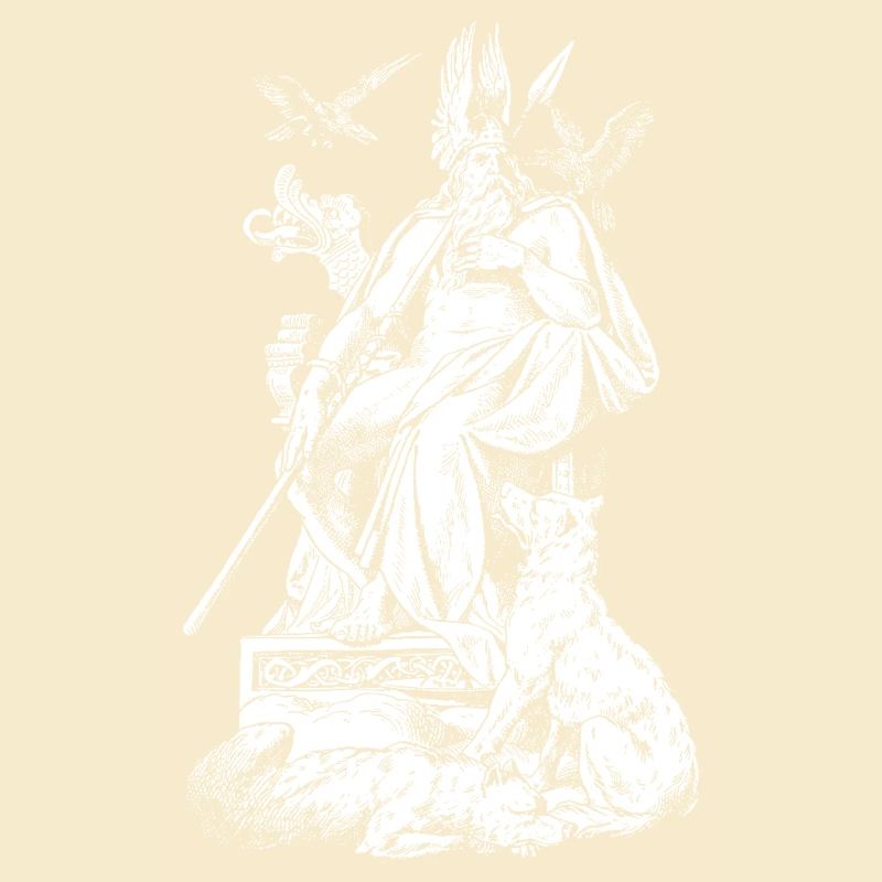 Odin on throne with spears, ravens and wolves