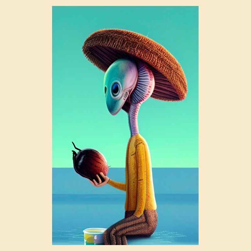 Crazy Comic Alien an einem Strand mit einer Weltraumkokosnuss
