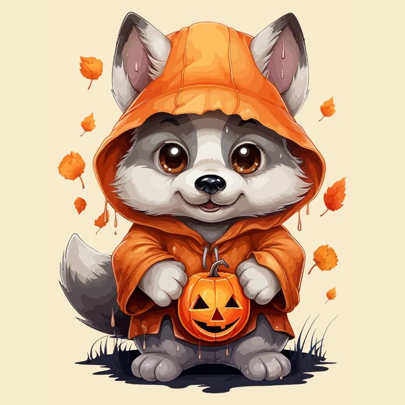 Cute Halloween Wolf with Pumpkin Lanterns