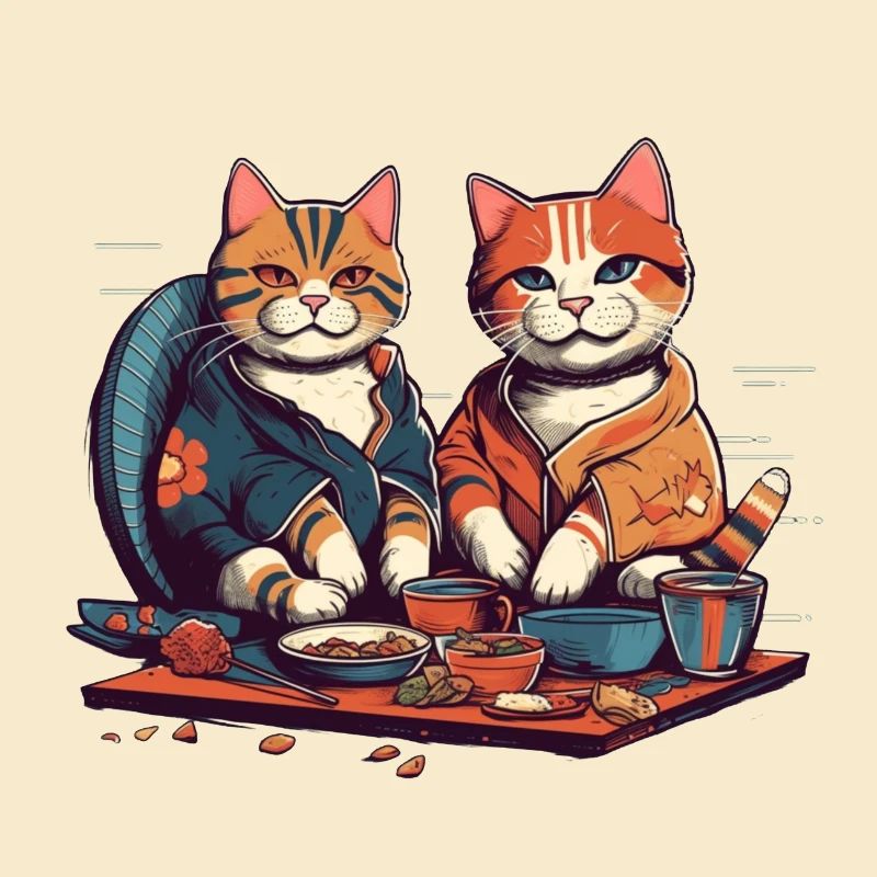 Comic cats eat sushi together