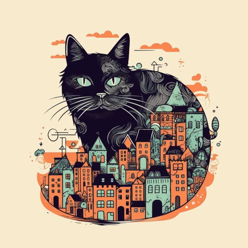 Chat noir assis devant une ville colorée