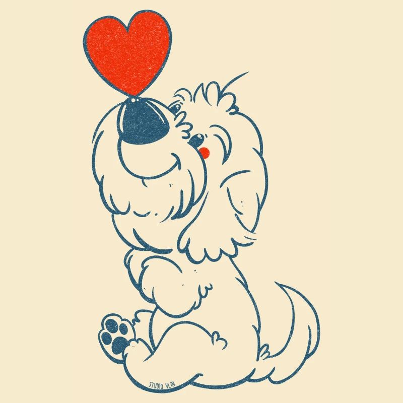 cockapoo Thor with heart in blue line drawing
